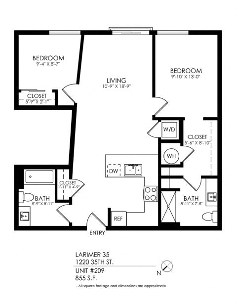Floor plan for 2 beds, 2 baths, 1040 sqft